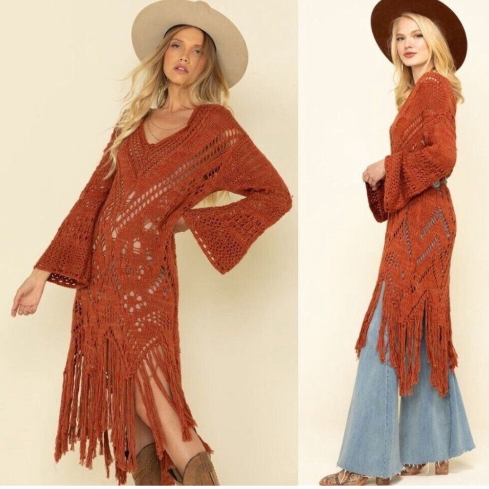 Free People Constellation Crochet Sweater Knit Fringe Tunic Midi Dress Boho